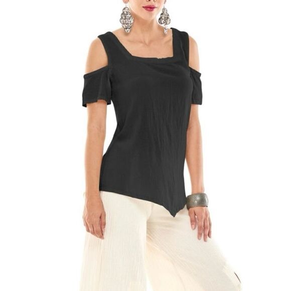 Oh My Gauze! Tops - Oh My Gauze! Cotton Black Cold Shoulder Asymmetrical Hem Dana Blouse Size L/XL